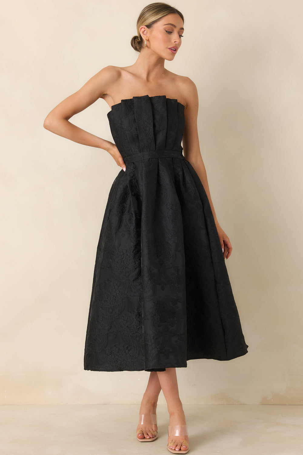 Back-Strapless-Jacquard-Midi-Dress-Featuring-A-Pleated-Bodice