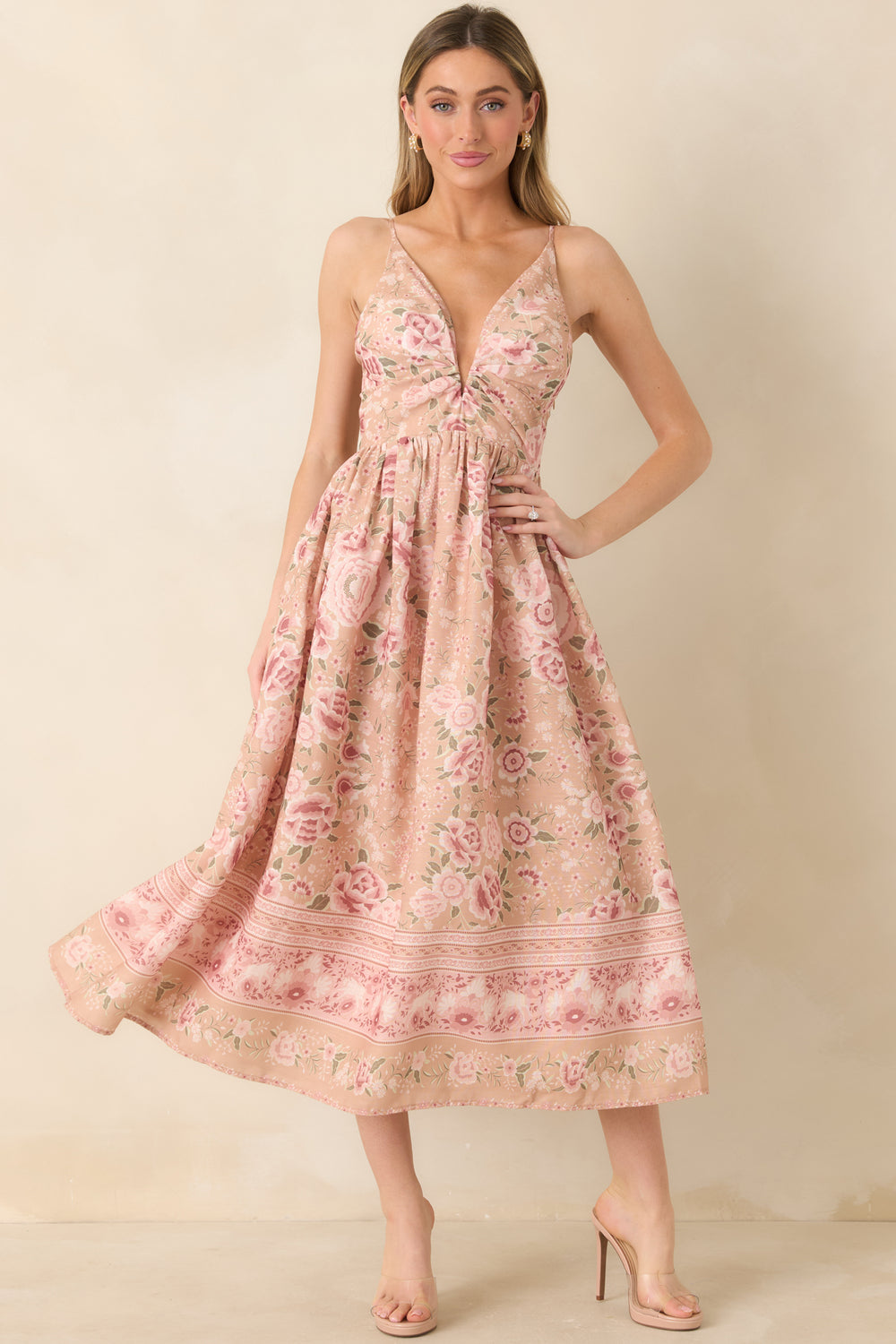 Beige-And-Pink-Floral-Midi-Dress-With-Deep-V-Neckline