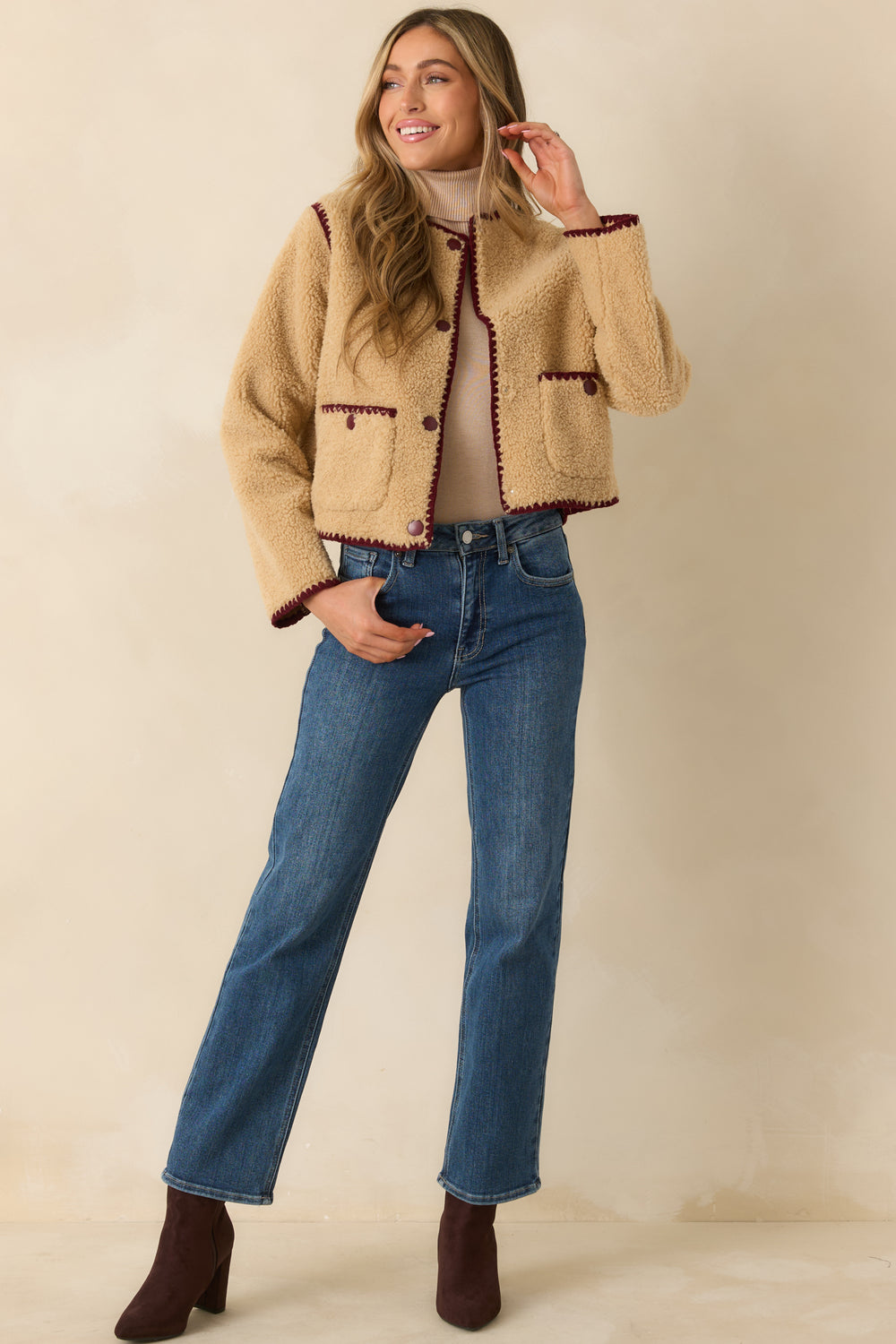 Beige-Sherpa-Jacket-Soft-Texture-Burgundy-Trim-Relaxed-Fit