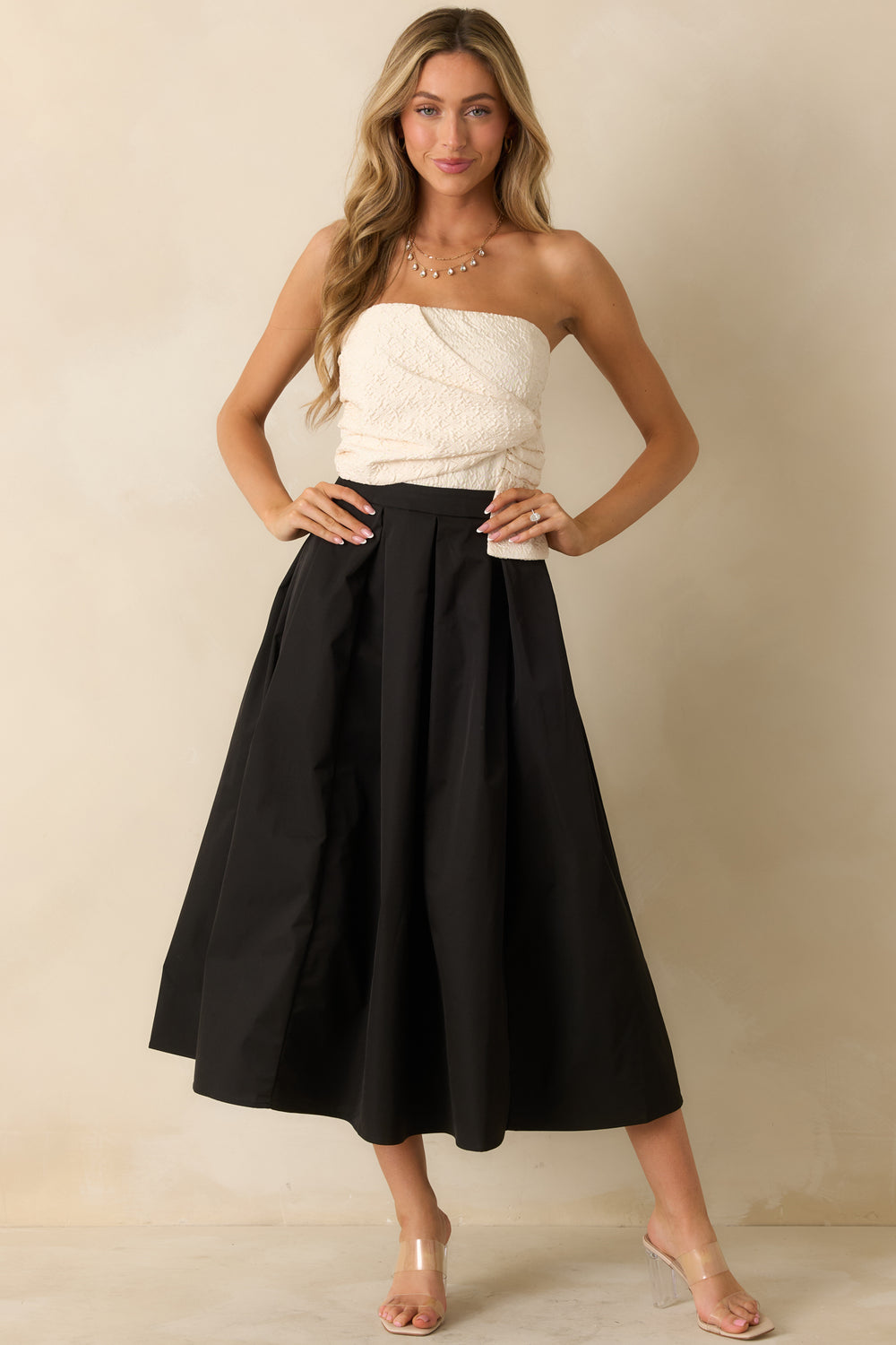 Black-Ivory-Strapless-Maxi-Dress-Wrapped-Bodice-Pleated-Skirt
