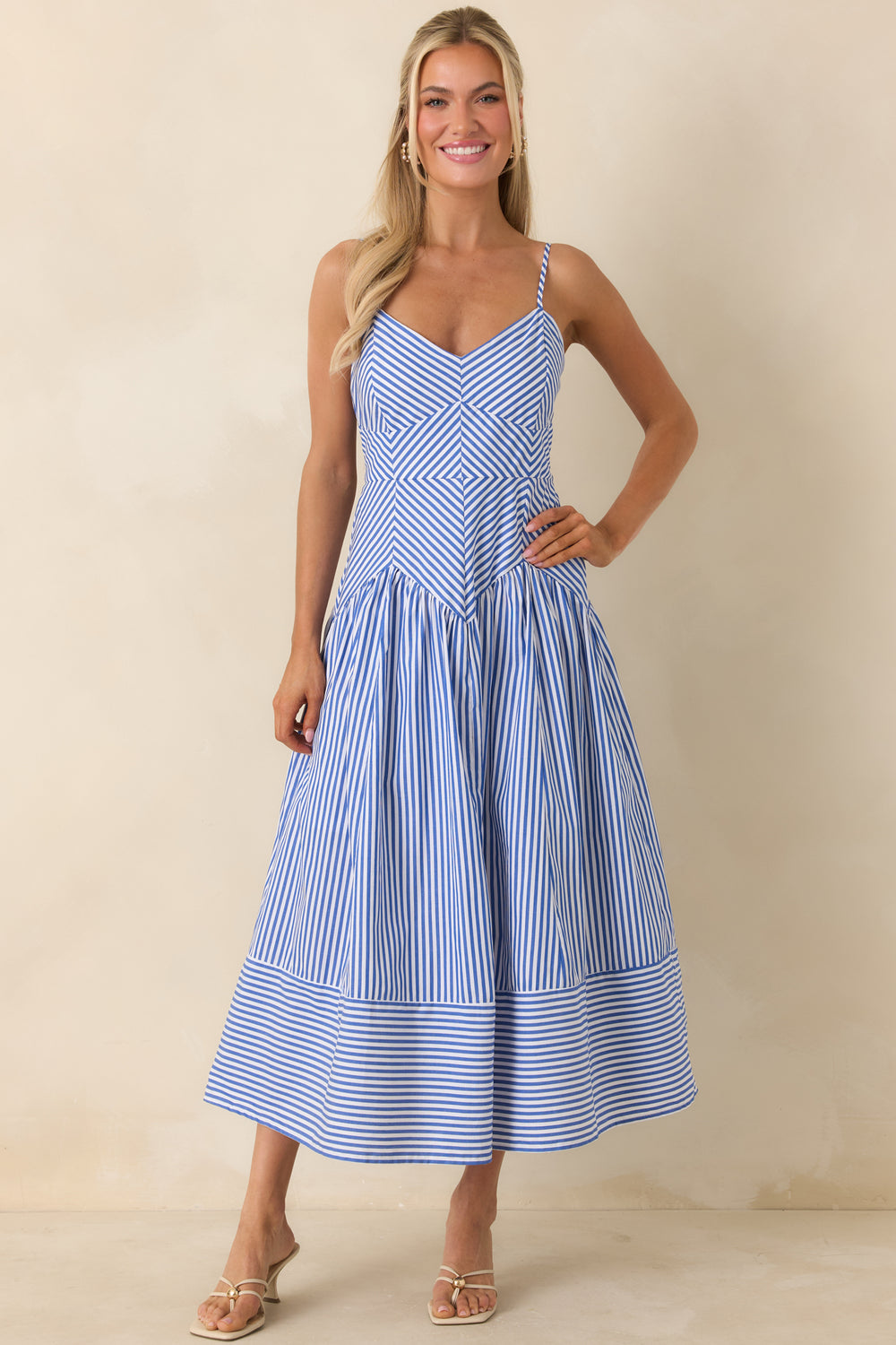 Blue-And-White-Striped-Dress-With-Fitted-Bodice