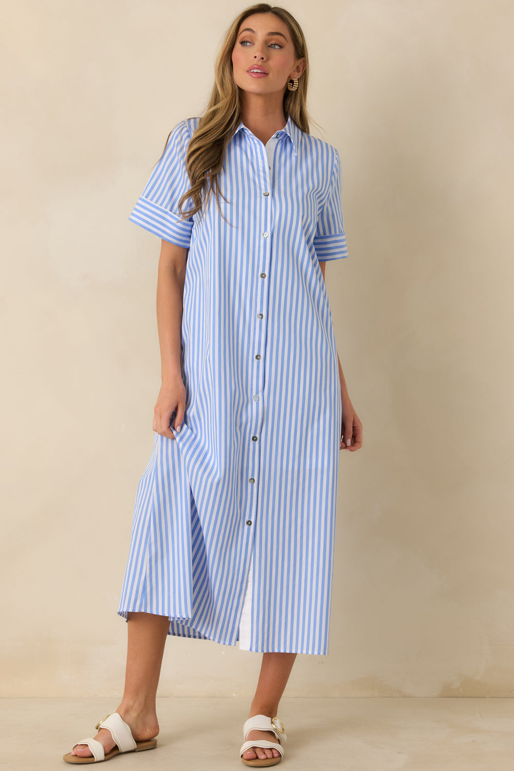 Blue-And-White-Striped-Shirt-Dress-With-A-Collared-Neckline