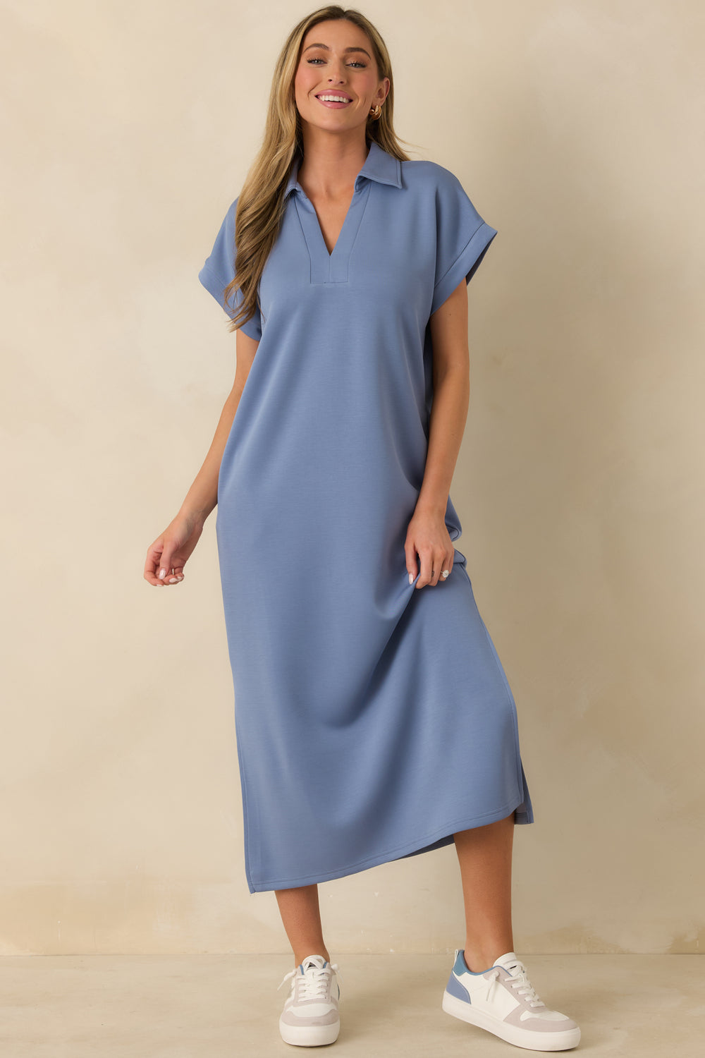 Blue-Midi-Dress-With-A-Collared-Notch-V-Neckline