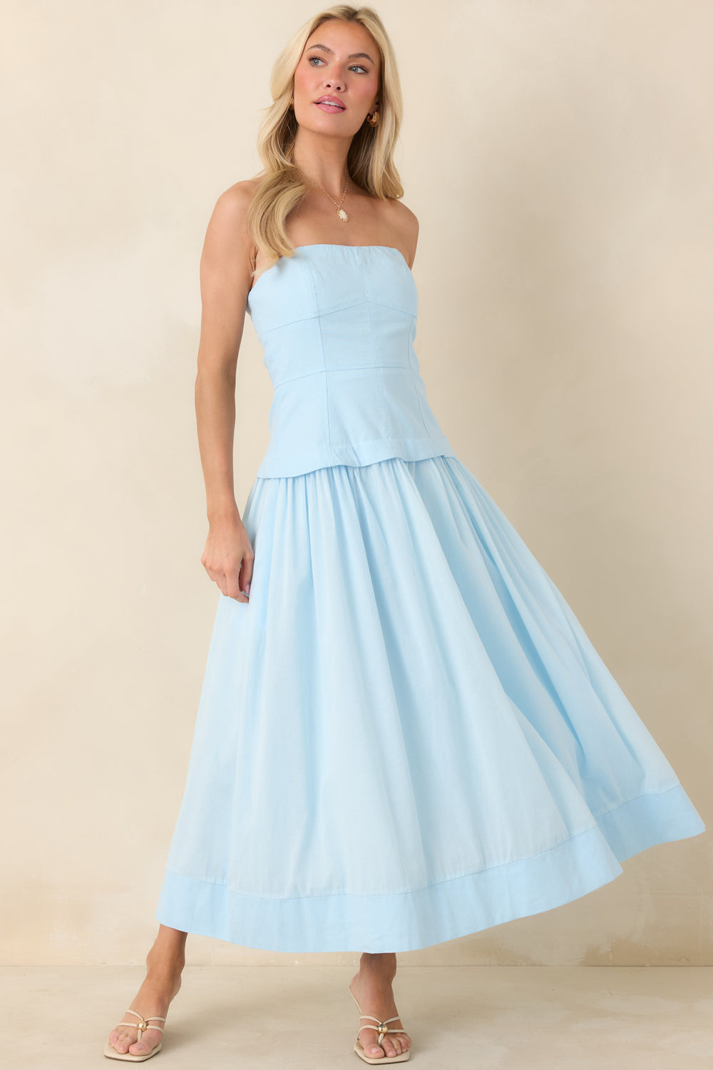Blue-Midi-Dress-With-A-Softly-Gathered-Midi-Length-Skirt