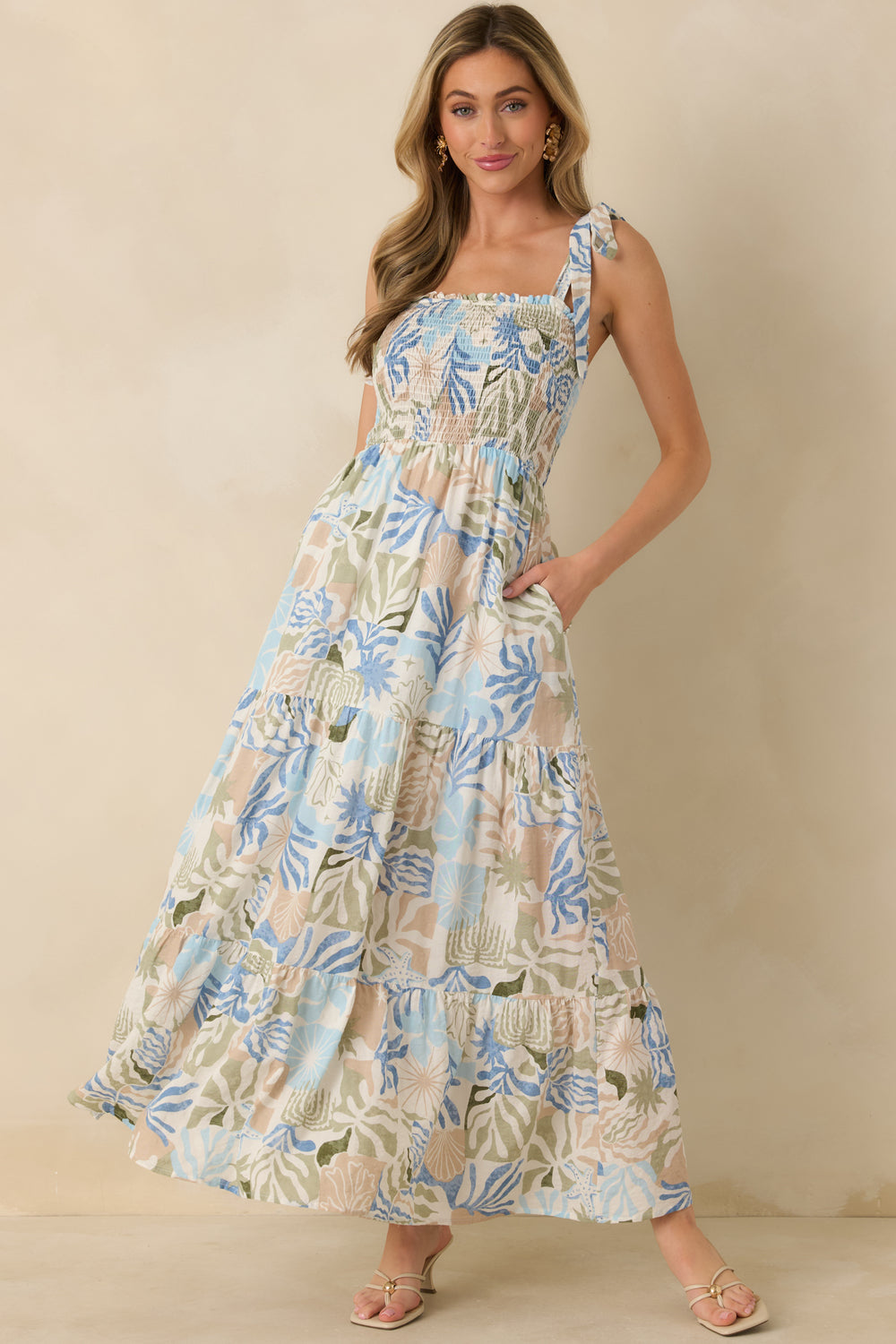 Blue-Multi-Maxi-Dress-Featuring-A-Palm-And-Shell-Print