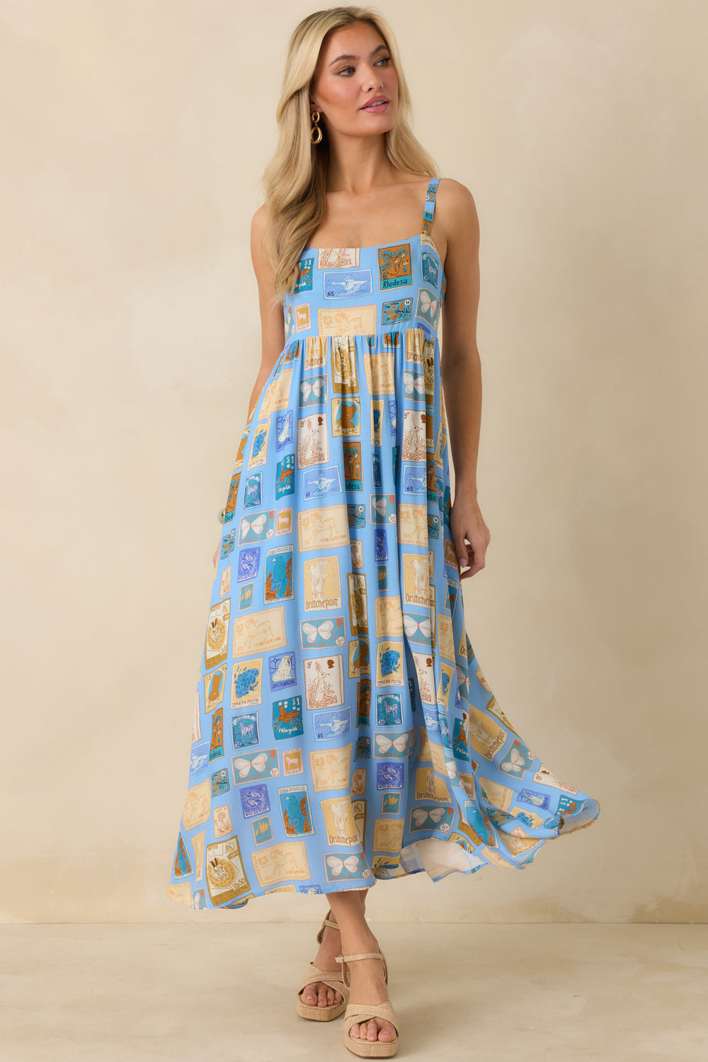 Blue-Multicolor-Midi-Dress-With-A-Square-Neckline