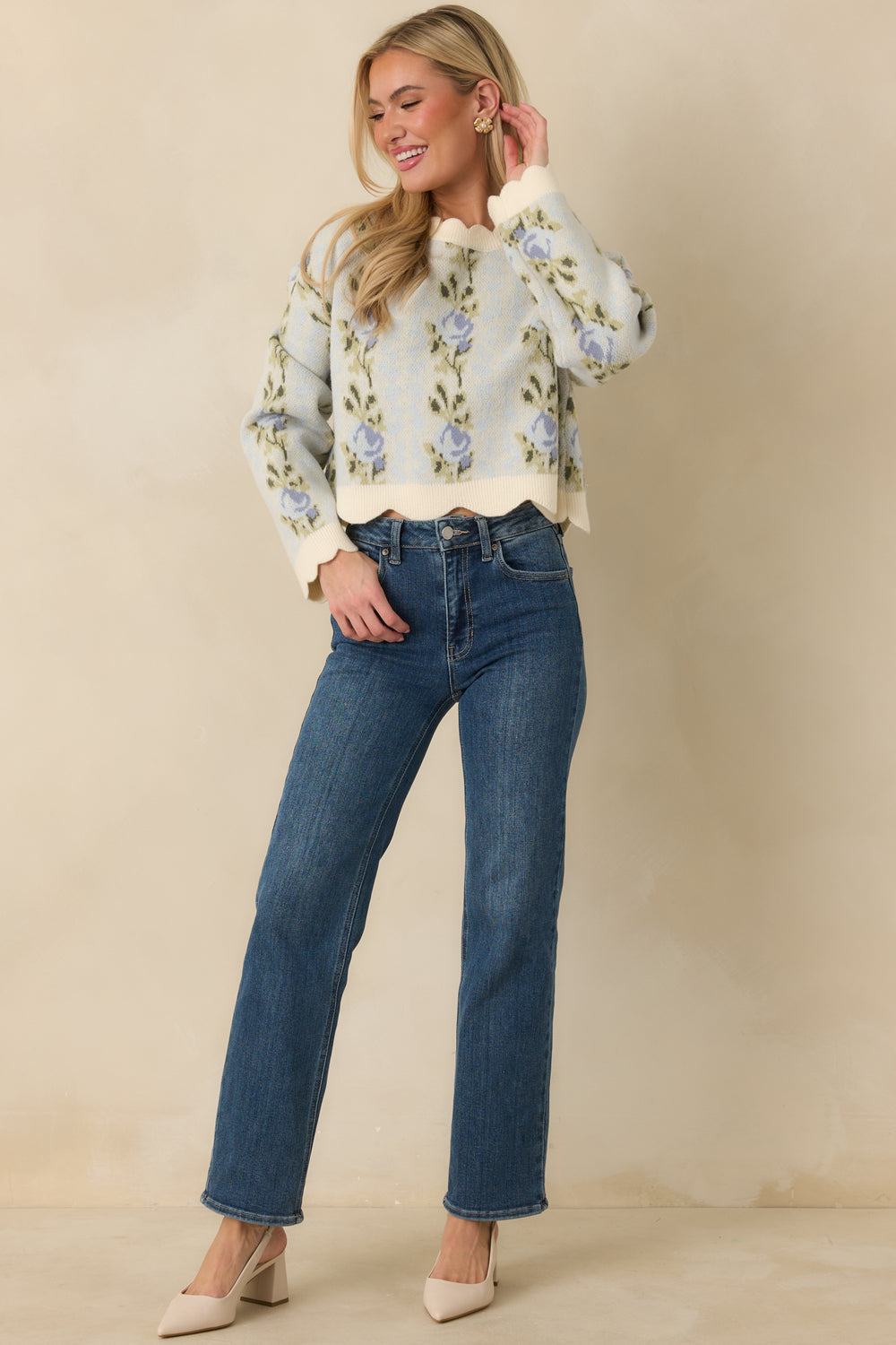Blue-Sweater-With-Ribbed-Trim-And-Subtly-Cropped-Length