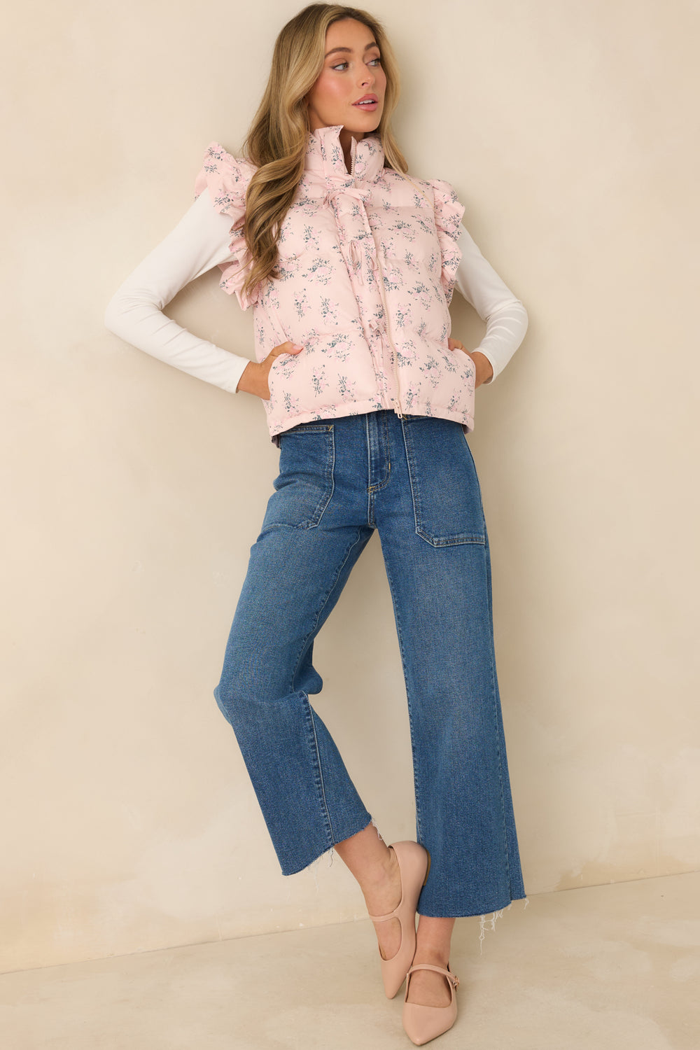 Blush-Pink-Puffer-Vest-With-Quilted-Floral-Pattern