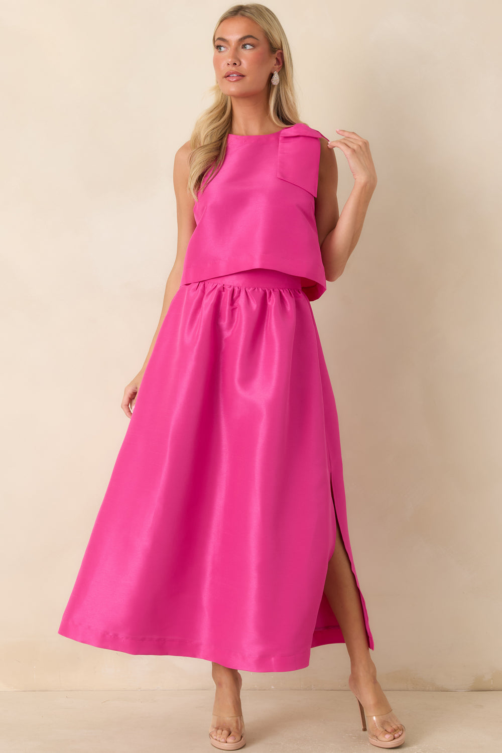 Bright-Pink-Woven-High-Neck-Top