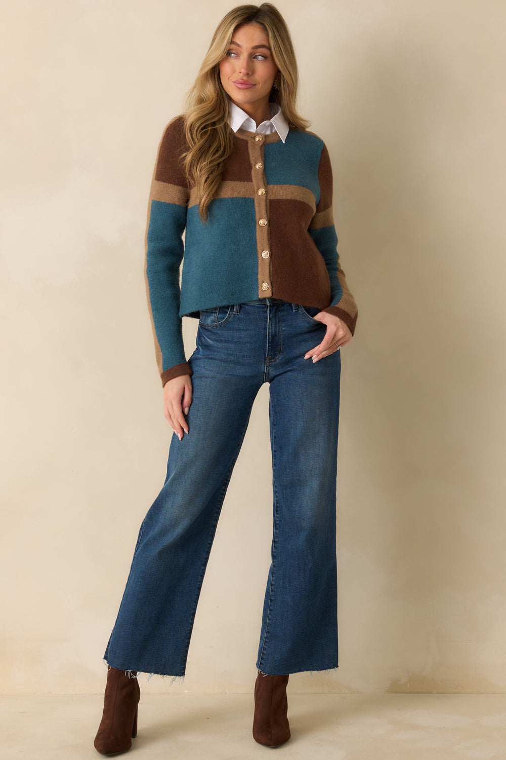 Brown-Camel-And-Teal-Color-Block-Knit-Cardigan