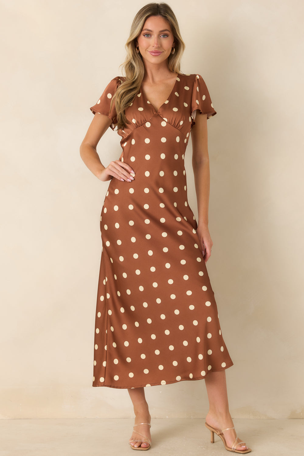 Brown-Ivory-Polka-Dot-Satin-Midi-Dress