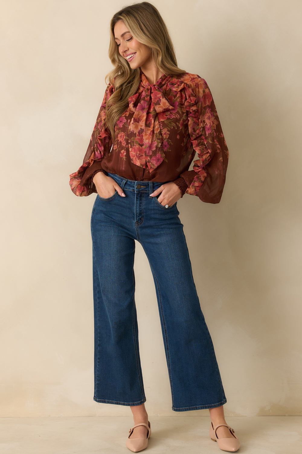 Brown-Multi-Floral-Blouse-Self-Tie-Neckline-Ruffle-Detail
