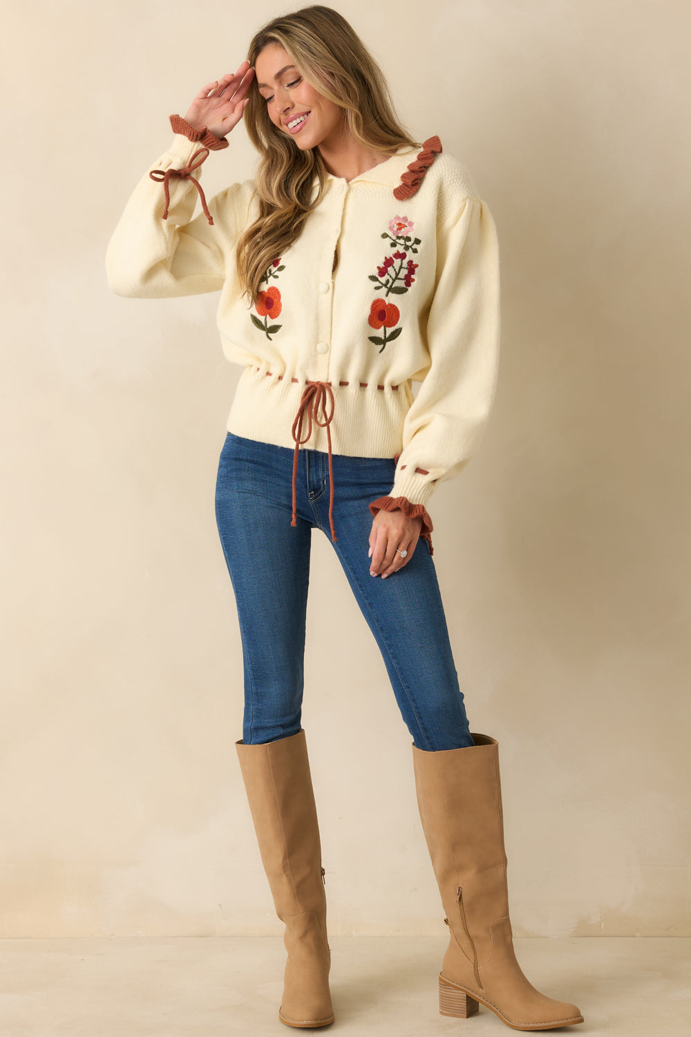 Button-Up-Ivory-Cardigan-Puffed-Sleeves-Rust-Accents-Embroidered-Florals