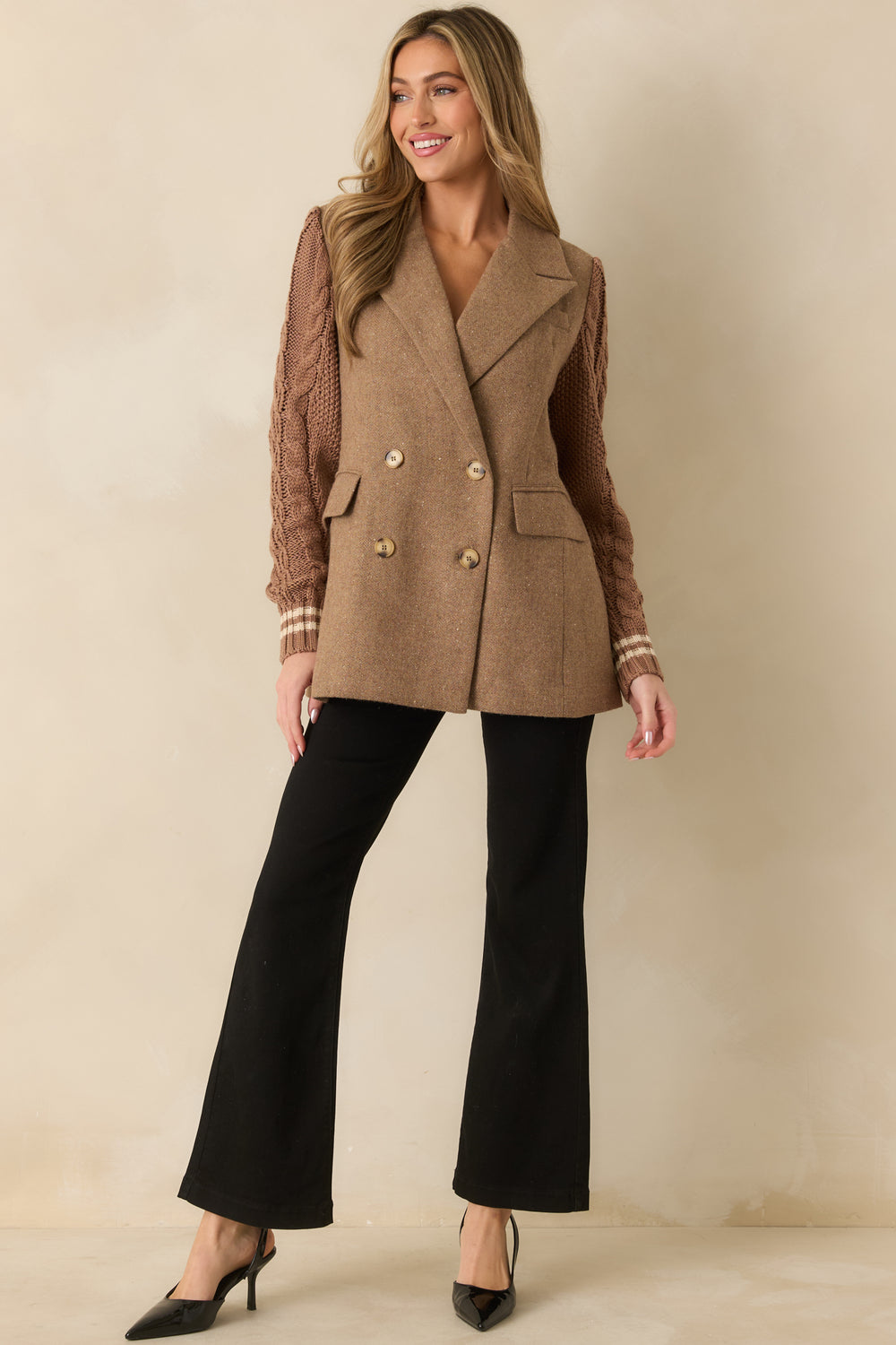 Camel-Double-Breasted-Blazer-Longline-Silhouette-Knit-Sleeve-Contrast