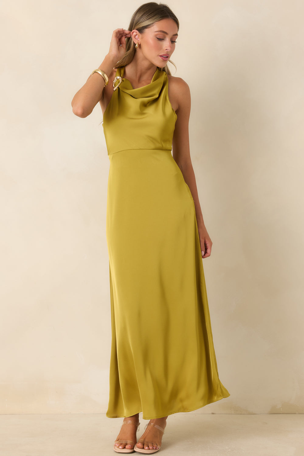 Chartreuse-Satin-Gold-Shoulder-Maxi-Dress