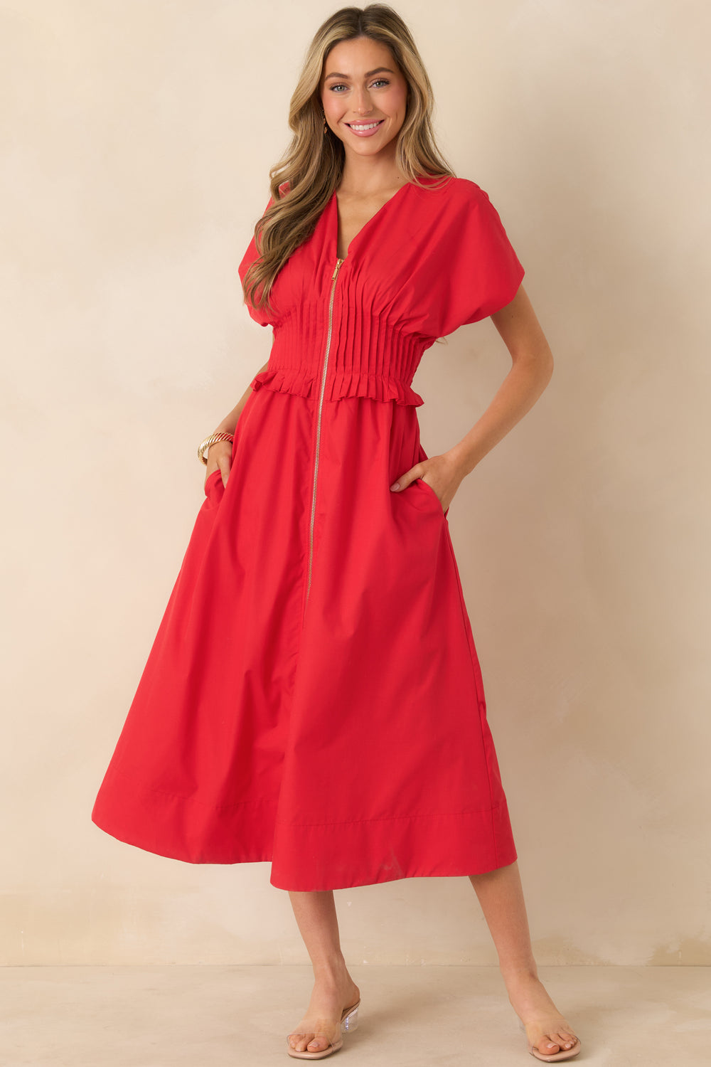 Cherry-Red-Maxi-Dress-Featuring-A-Wide-Smocked-Waistband