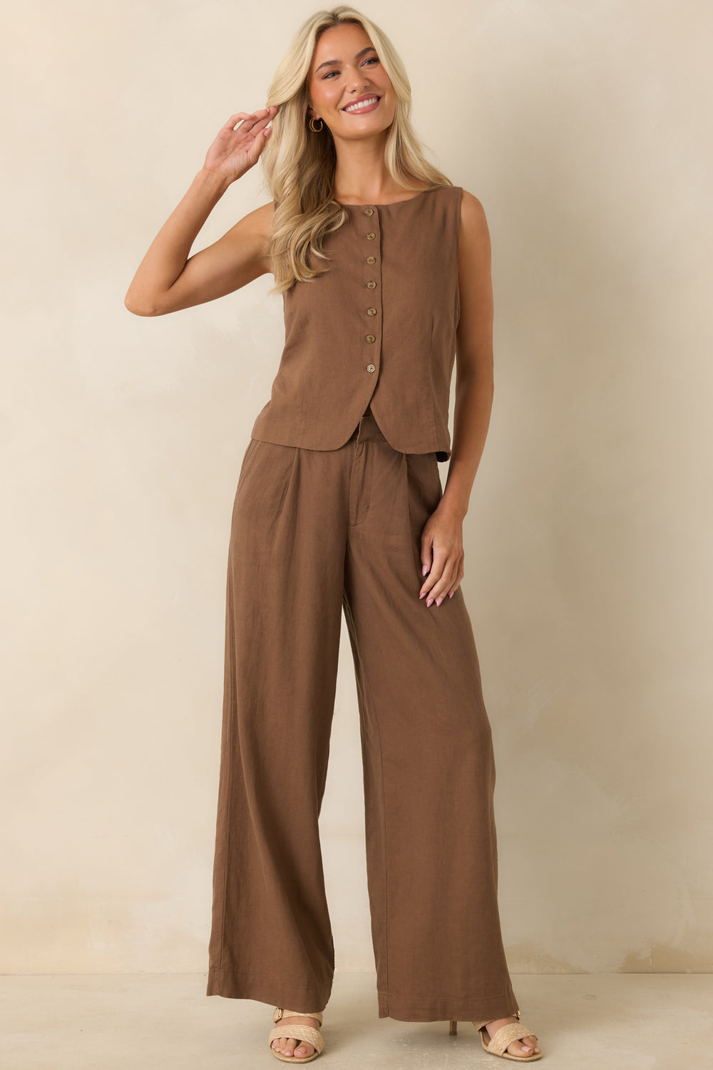 Chestnut-Brown-Sleeveless-Vest-Rounded-Neckline-Button-Front-Structured
