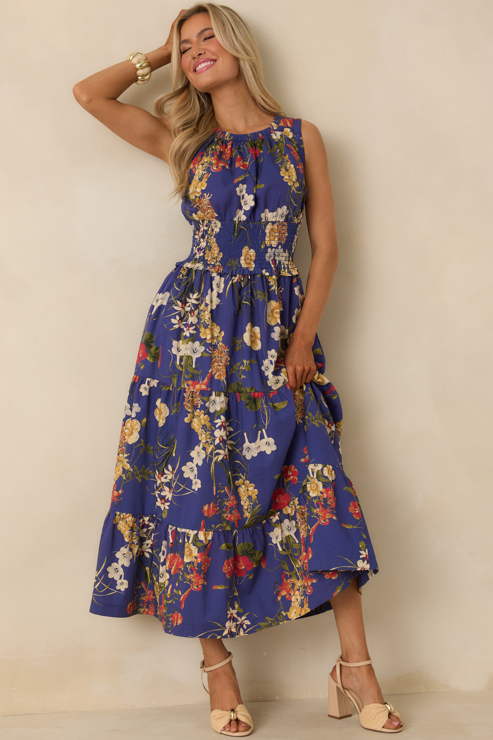 Cobalt-Blue-Maxi-Dress-With-Multicolor-Floral-Print