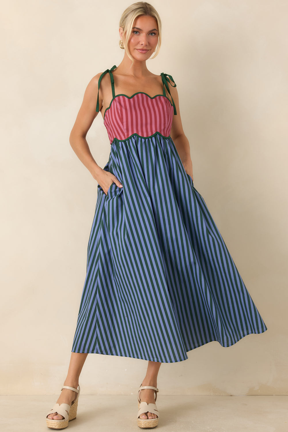 Colorful-Striped-Scalloped-Midi-Dress