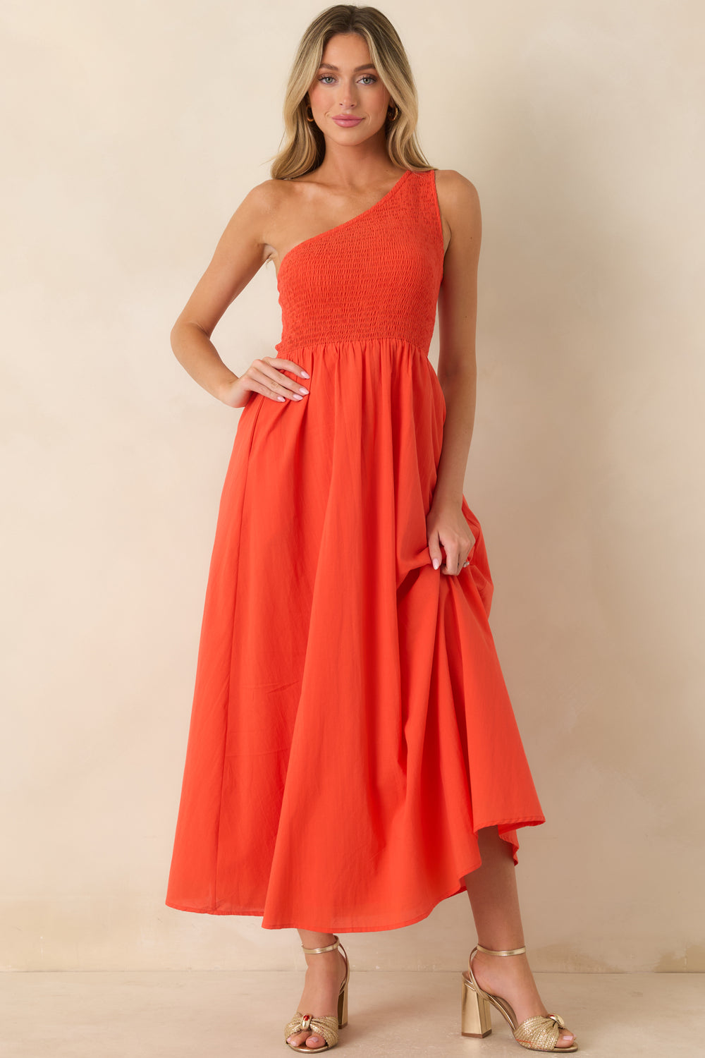 Coral-Orange-Cotton-Maxi-Dress-Gathered-Skirt-Smocked-Bodice