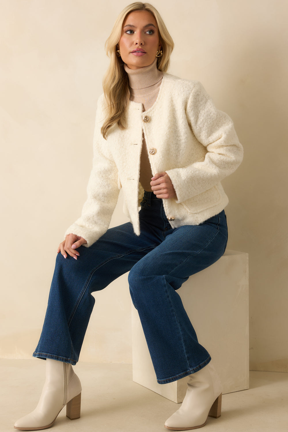 Cream-Boucle-Jacket-Round-Neckline-Gold-Buttons-Flap-Pockets
