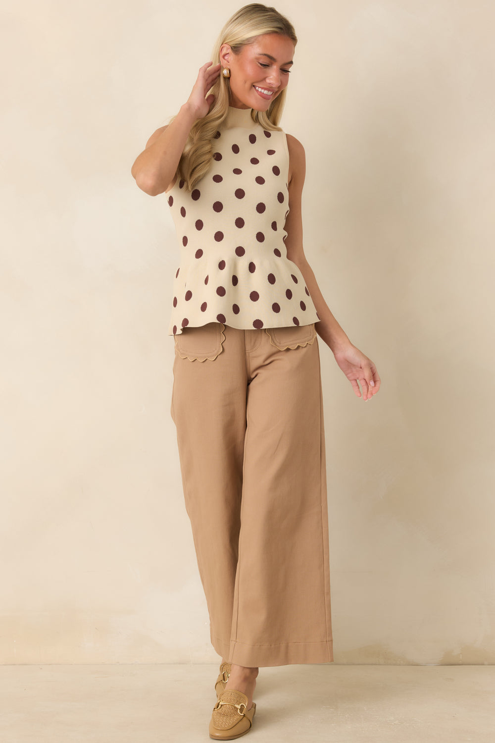 Ecru-Sweater-Knit-Top-With-Brown-Polka-Dots