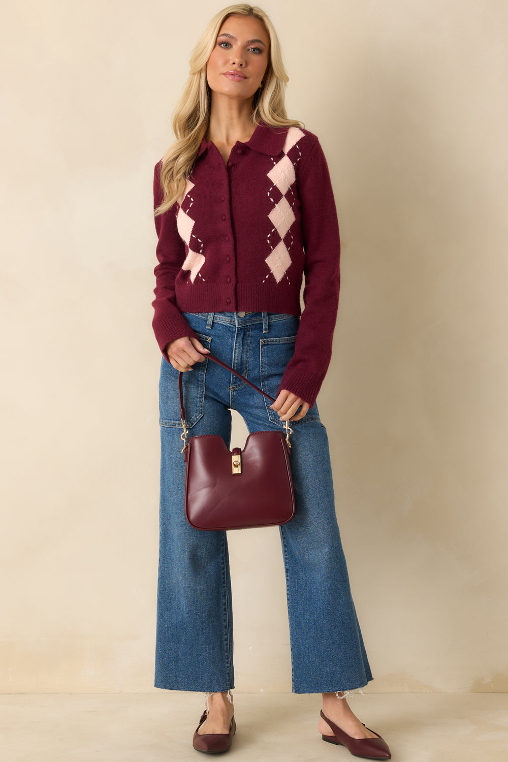 Front-Burgundy-Button-Up-Cardigan-Collared-Neckline-Long-Sleeves-Cropped