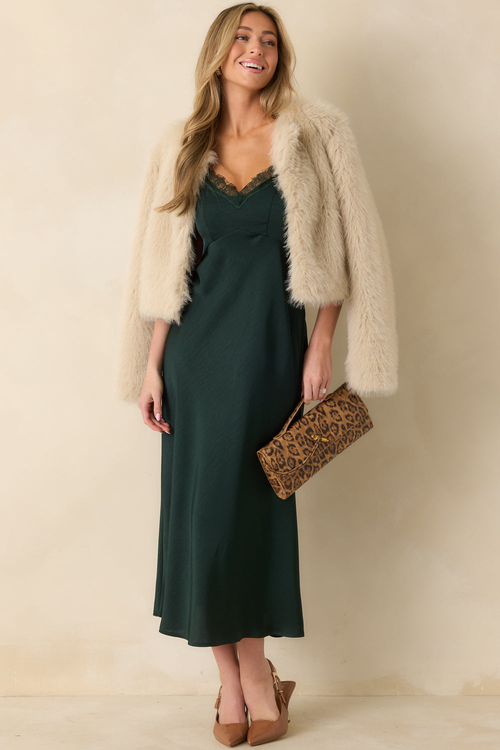 Front-Green-Slip-Style-Midi-Dress-Lace-Trimmed-V-Neckline