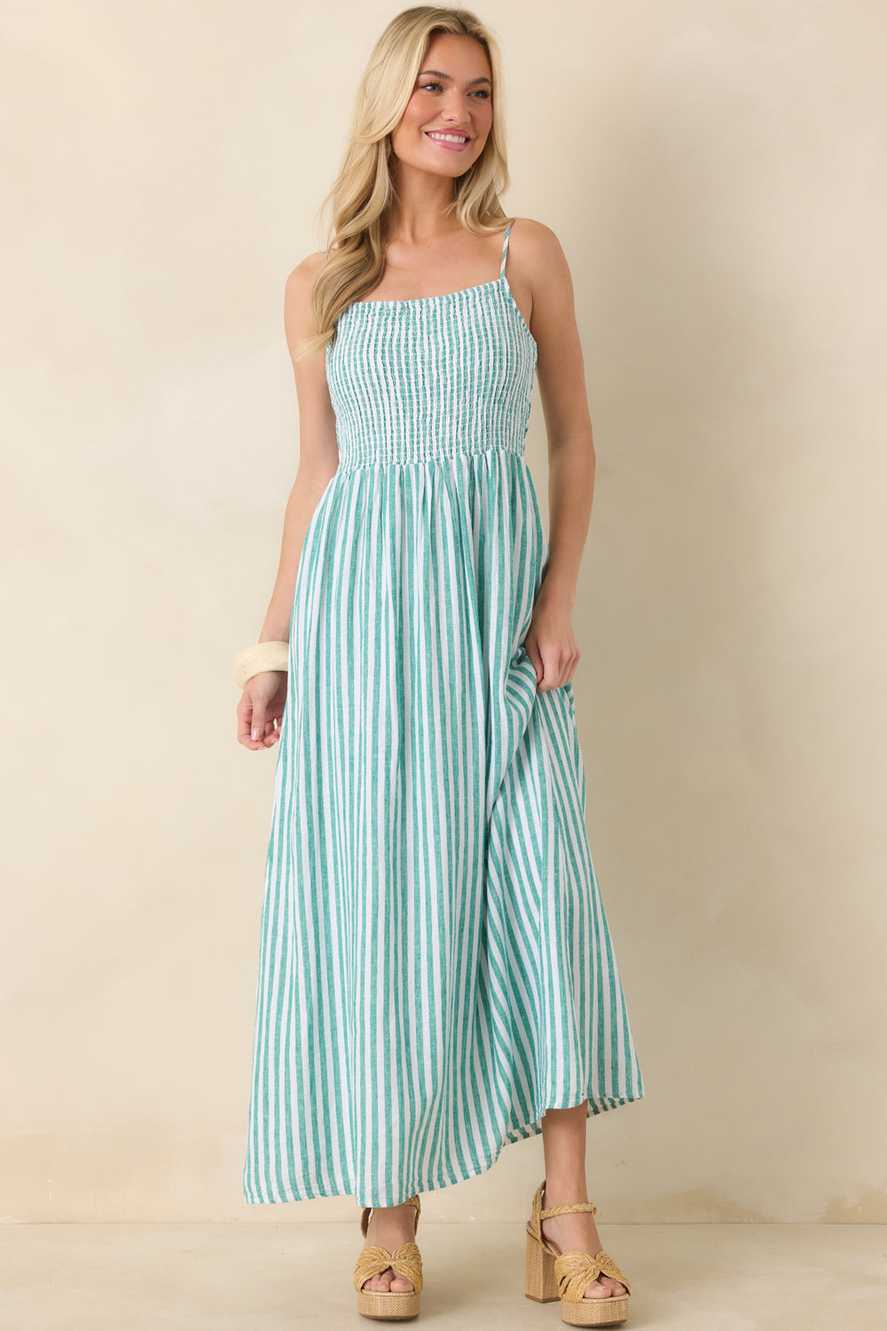 Front-View-Green-Striped-Linen-Maxi-Dress-Smocked-Bodice