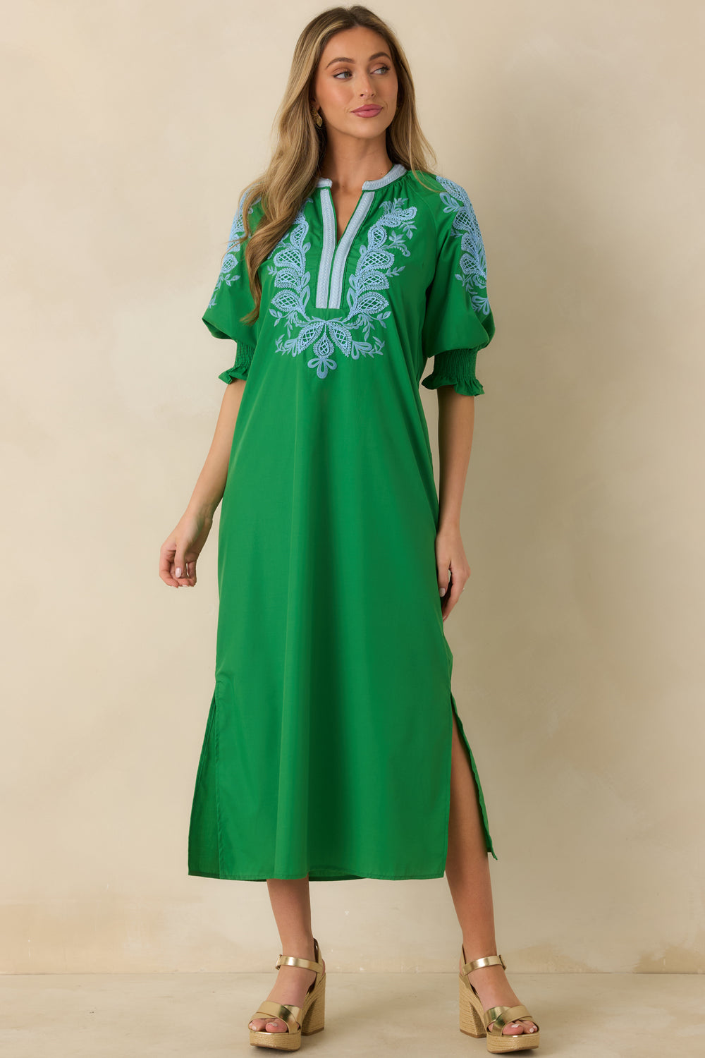 Front-View-Green-Woven-Maxi-Dress-Split-V-Neck-Embroidered-Bodice