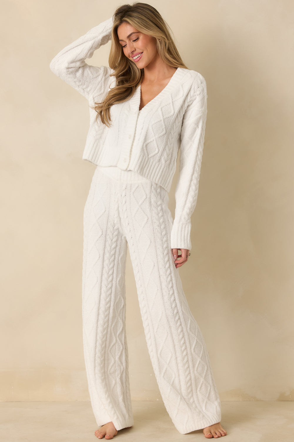 Front-View-Ivory-Cable-Knit-Cardigan-V-Neck-Relaxed-Fit