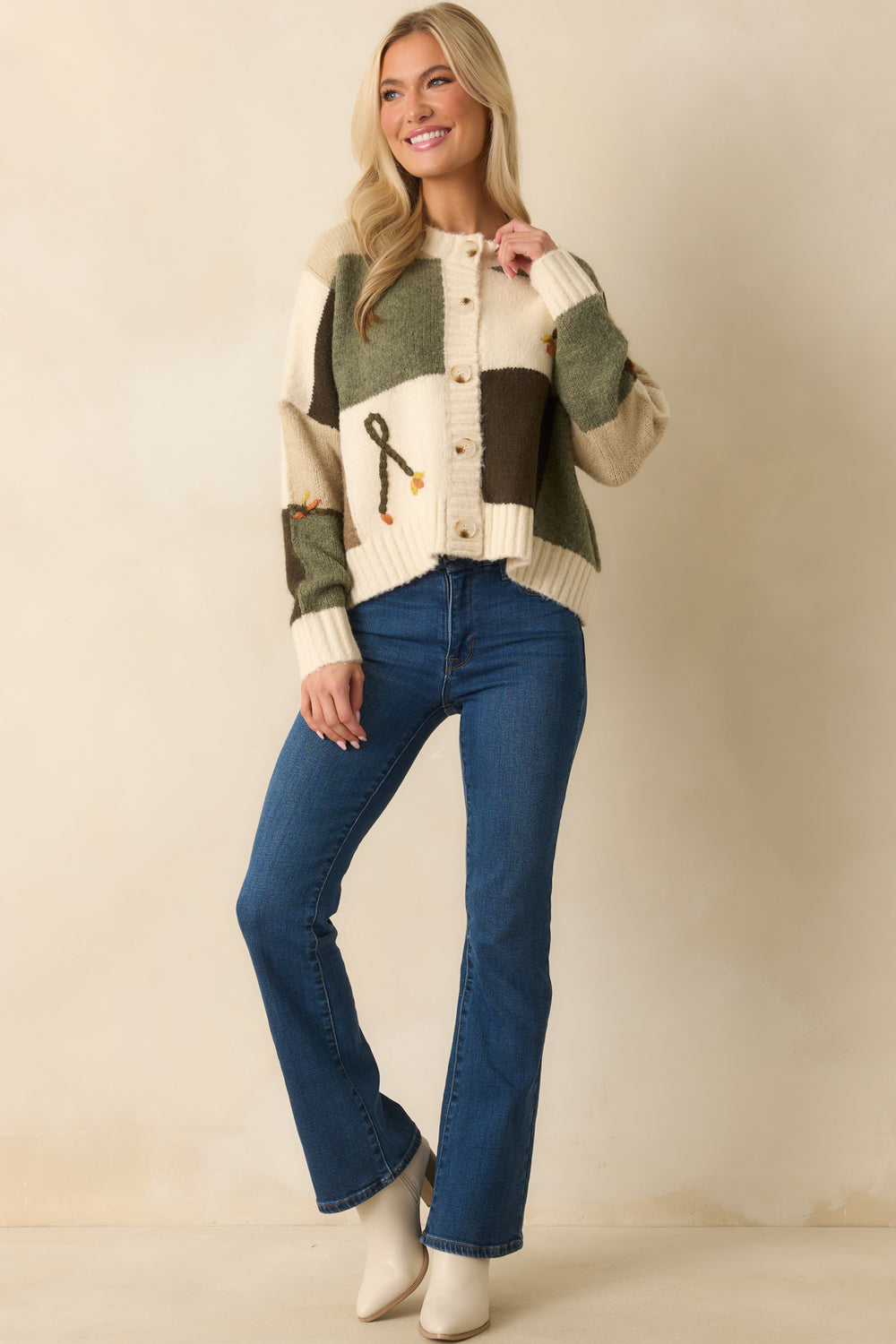 Front-View-Ivory-Knit-Cardigan-Olive-Brown-Colorblock-Floral