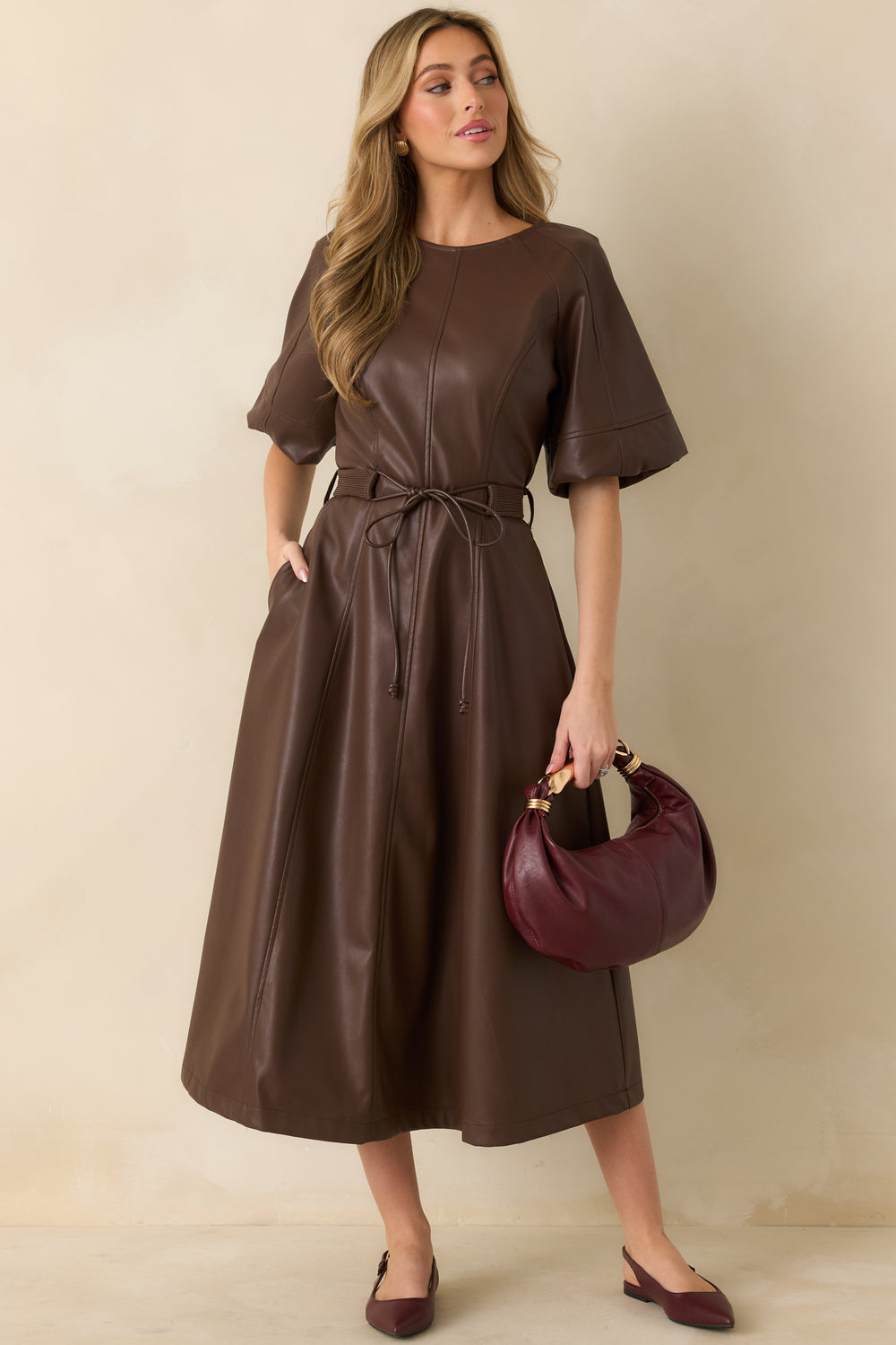 Front-View-Of-Brown-Faux-Leather-Midi-Dress