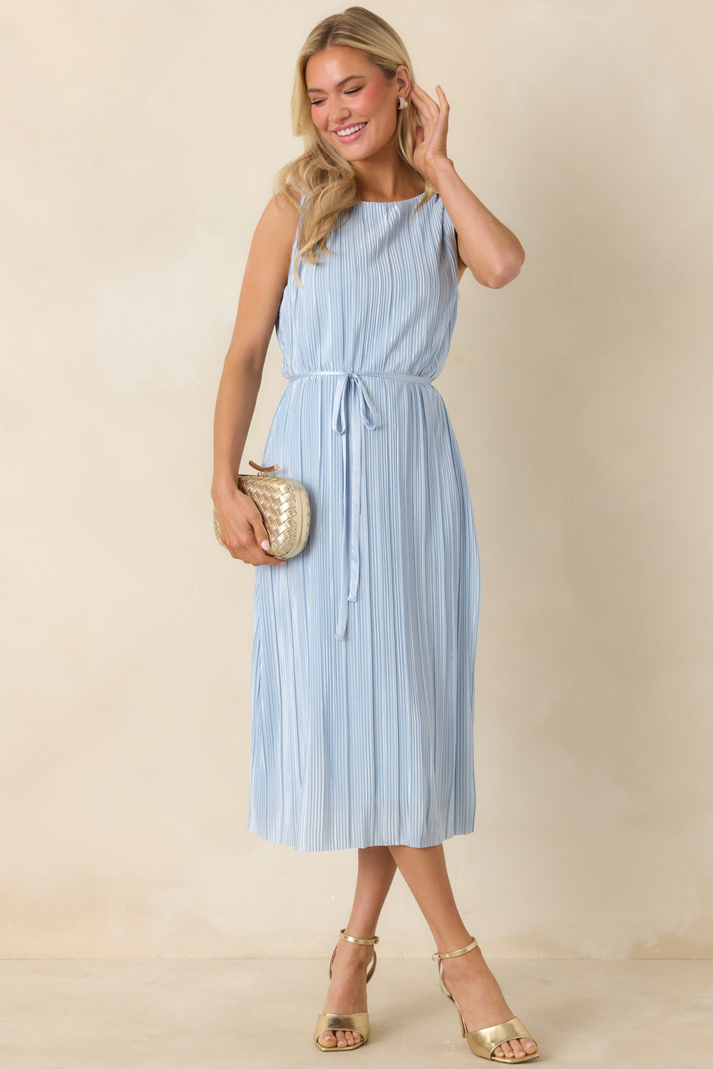 Front-View-Of-Light-Blue-Pleated-Midi-Dress