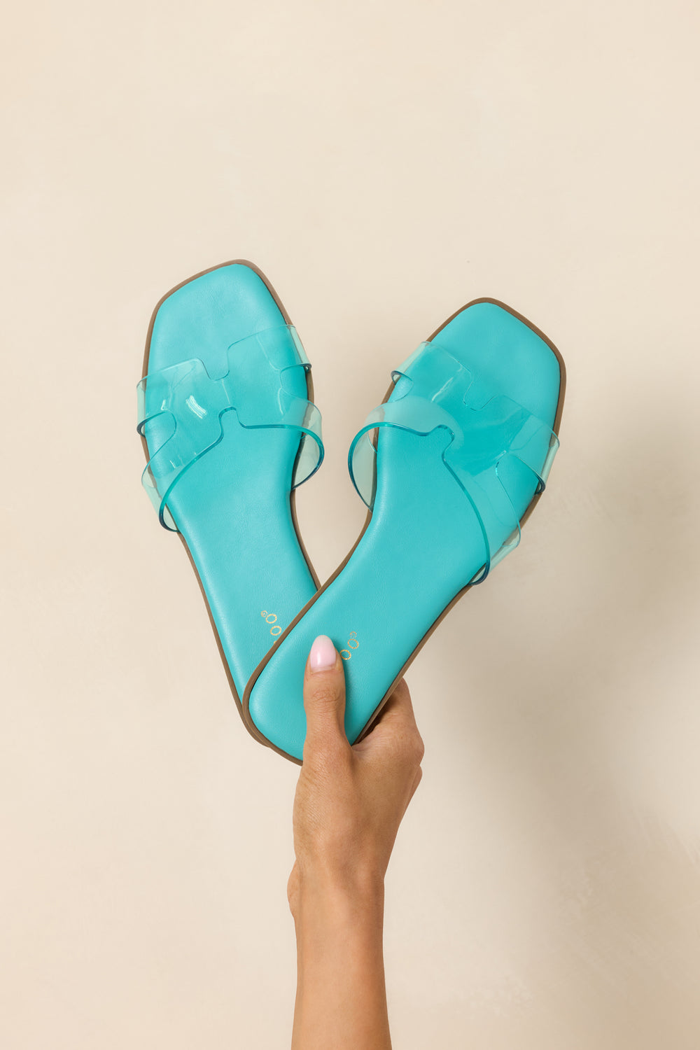 Front-View-Of-Teal-Slide-Sandals-Displaying-Open-Square-Toe