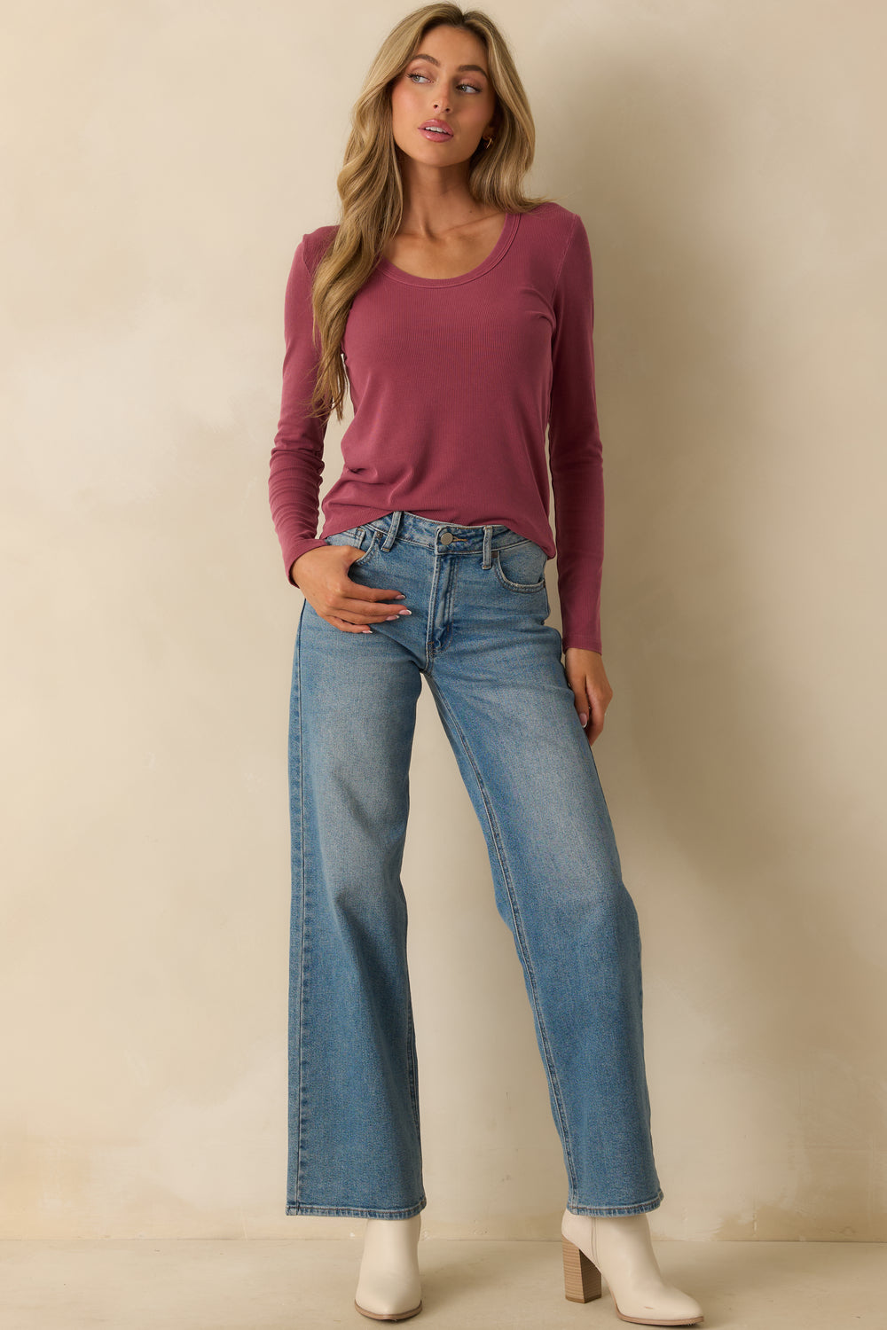 Front-View-Of-The-Plum-Purple-Top-Showing-Scoop-Neckline