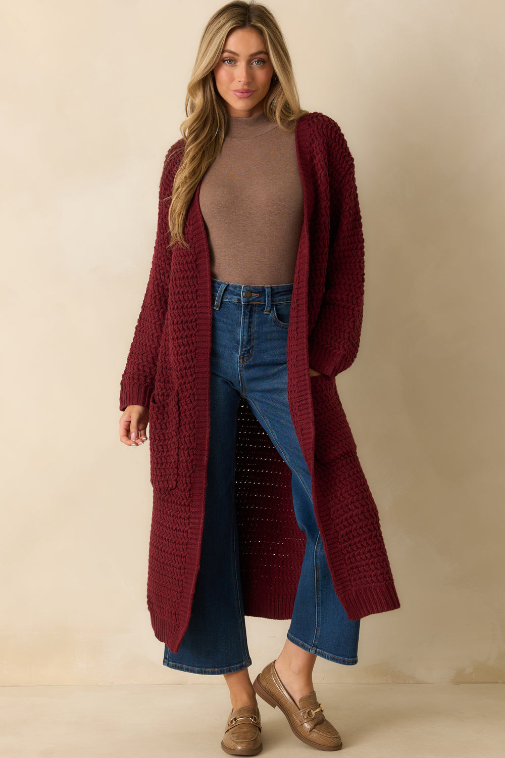 Front-View-Red-Knit-Duster-Cardigan-Open-Front-Longline-Silhouette