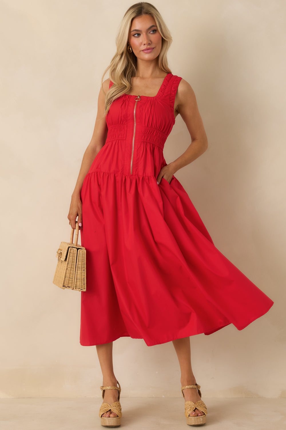 Front-View-Red-Midi-Dress-Scoop-Neckline-O-Ring-Zip-Sleeveless