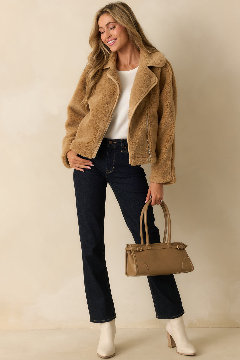 Front-View-Tan-Sherpa-Jacket-Collared-Neckline-Zip-Front-Sleeves
