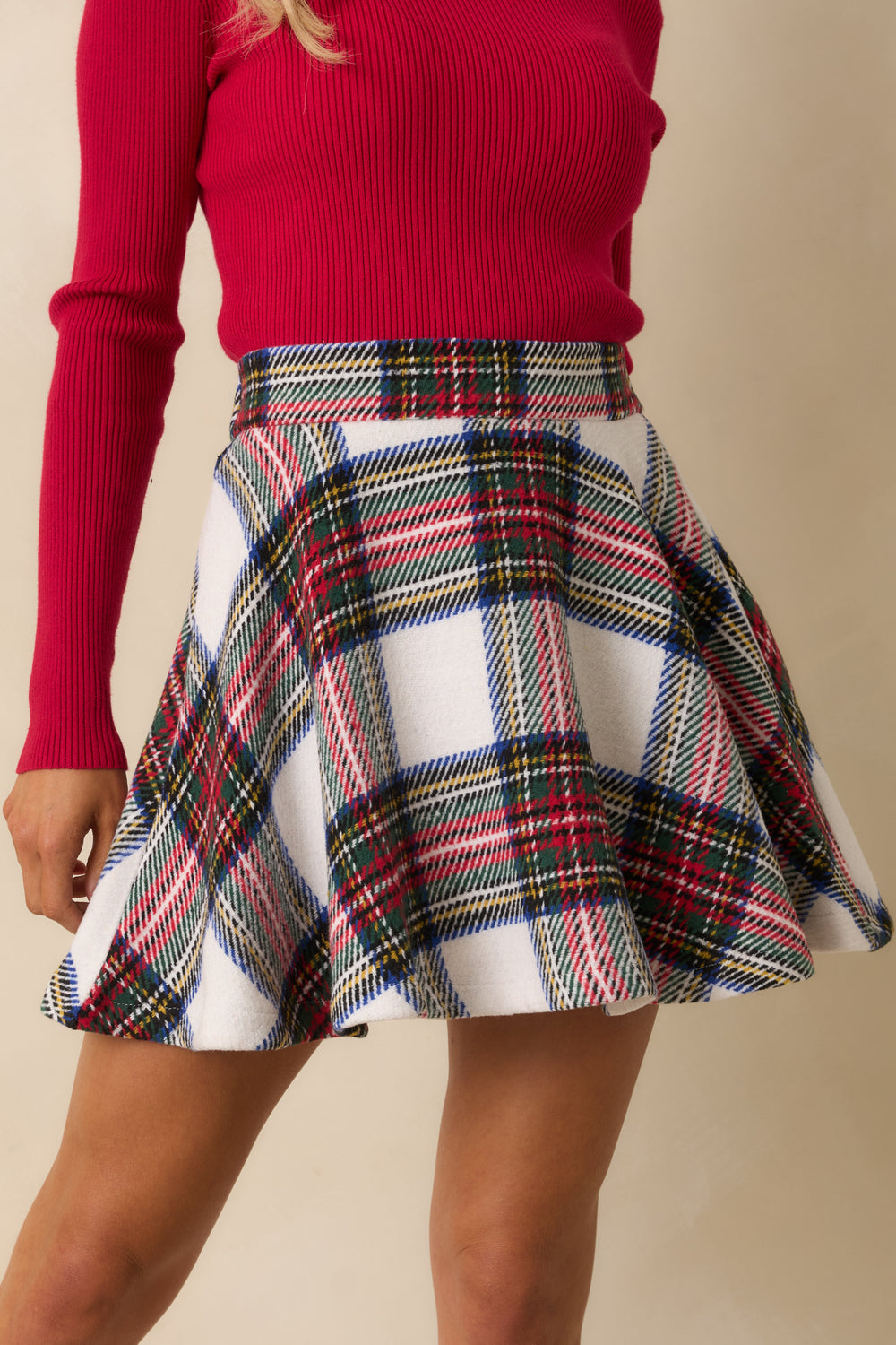Front-View-White-Multi-Color-Plaid-Mini-Skirt-Flared