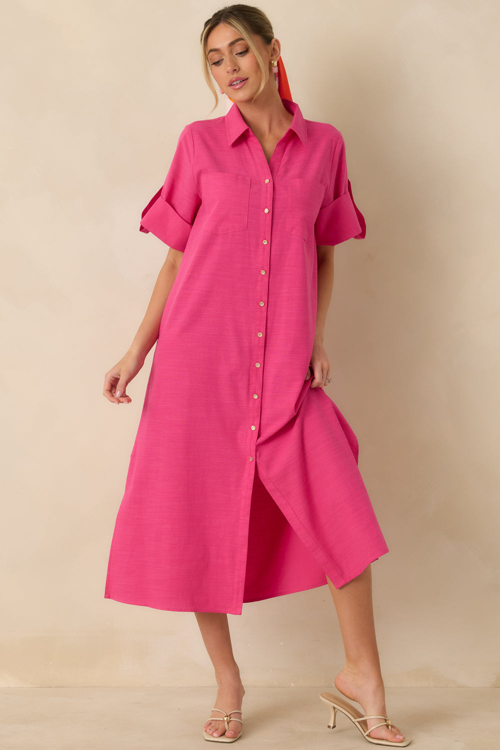 Fuchsia-Cotton-Midi-Dress-Collared-Neckline-Button-Front-Long-Sleeves