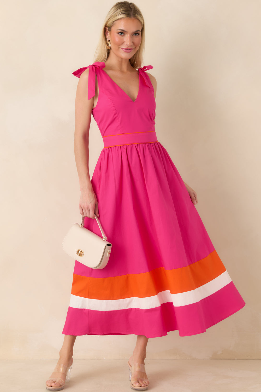 Fuchsia-Midi-Dress-With-V-Neckline-And-Colorblock-Hem