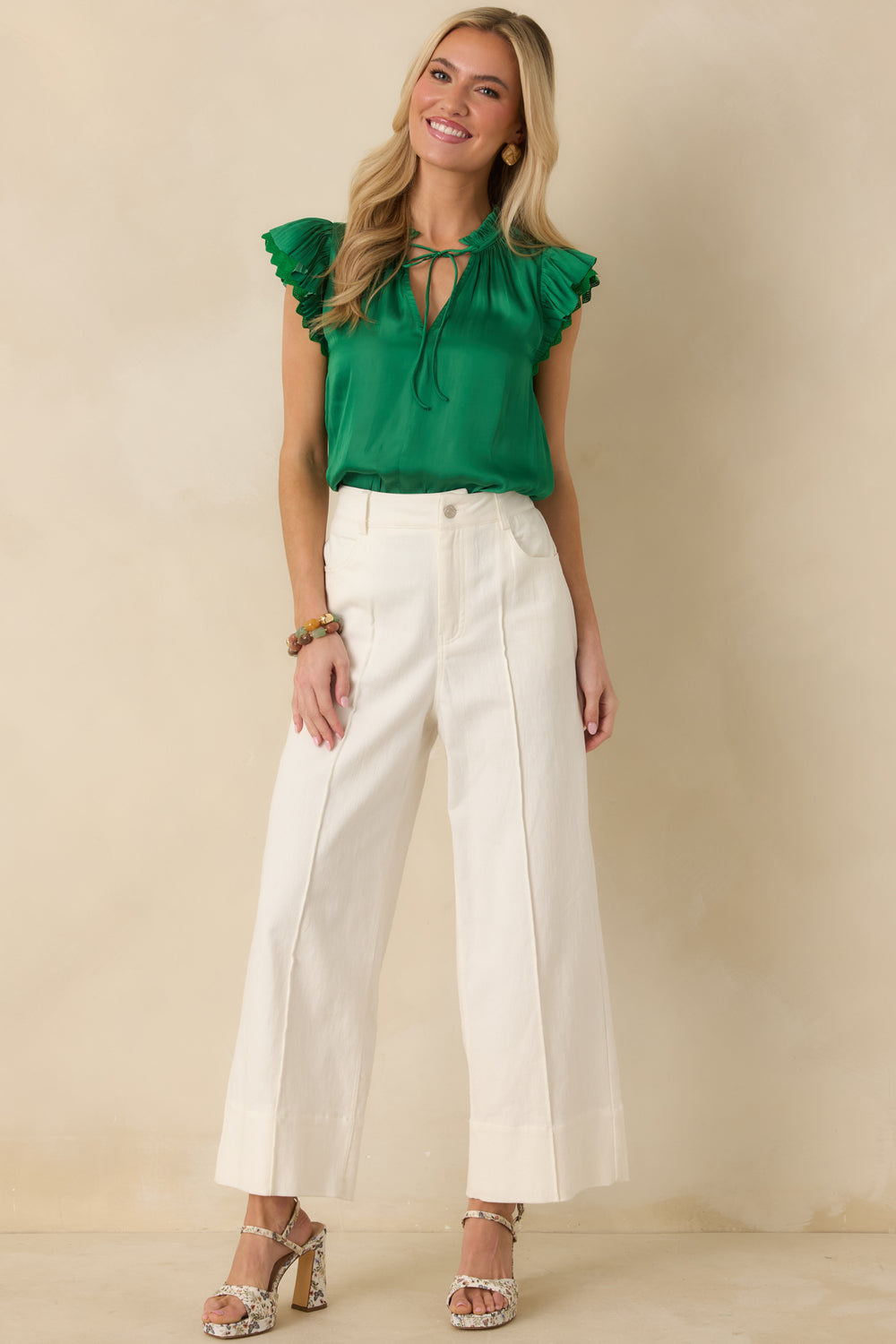 Full-Length-Front-View-Green-Blouse-V-Neckline-Tie-Drape
