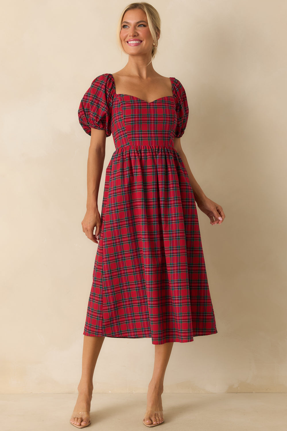 Full-Length-Front-View-Red-Plaid-Dress-With-Puff-Sleeves