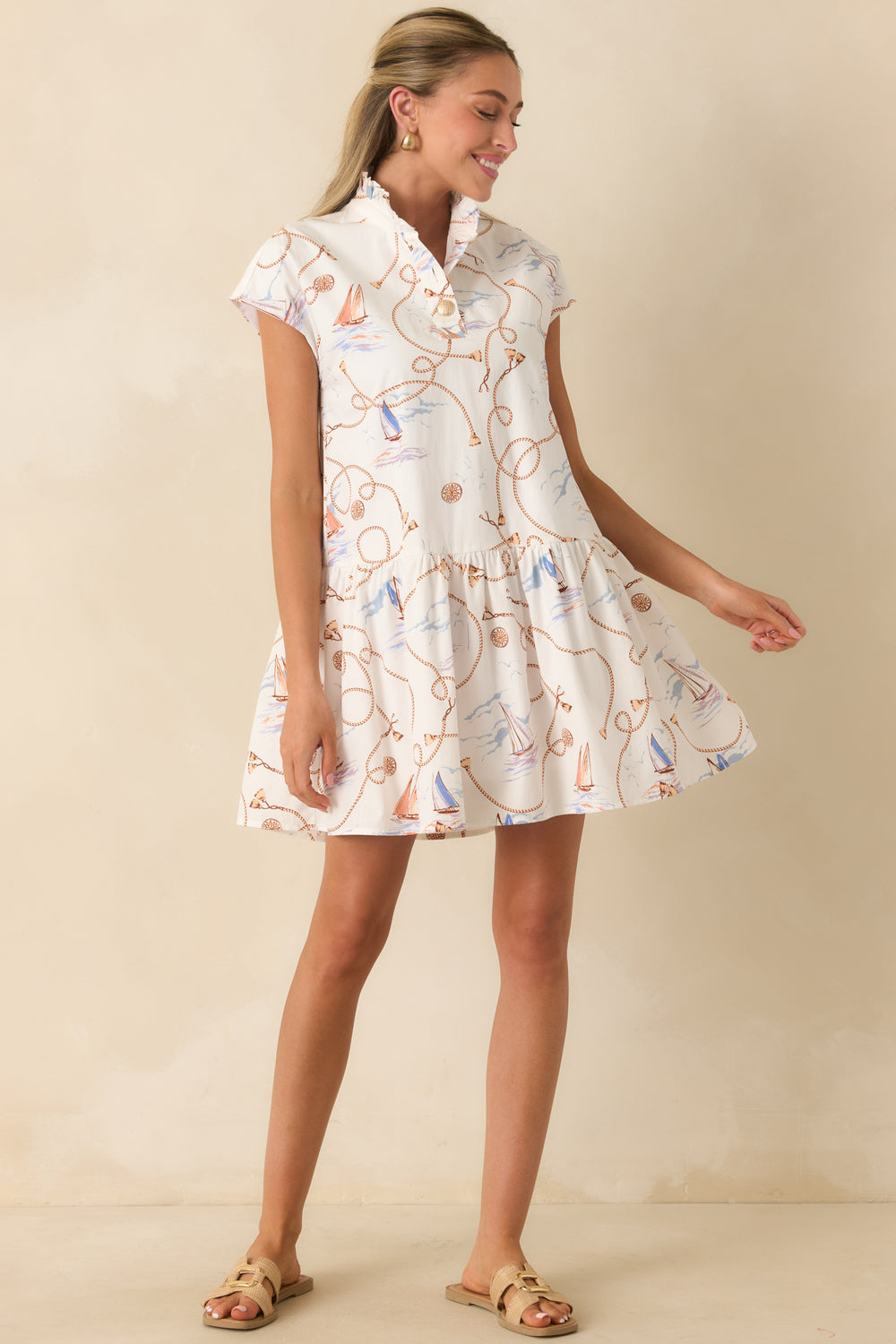 Gathered-Skirt-Split-Neckline-Mini-Dress
