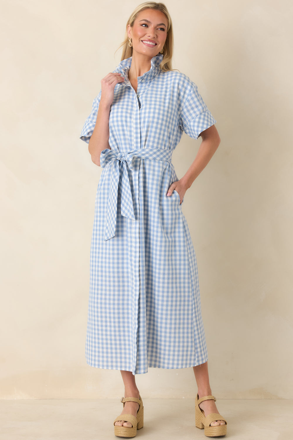 Gingham-Maxi-Dress-Styled-With-Defined-Waist-And-Flowing-Hemline