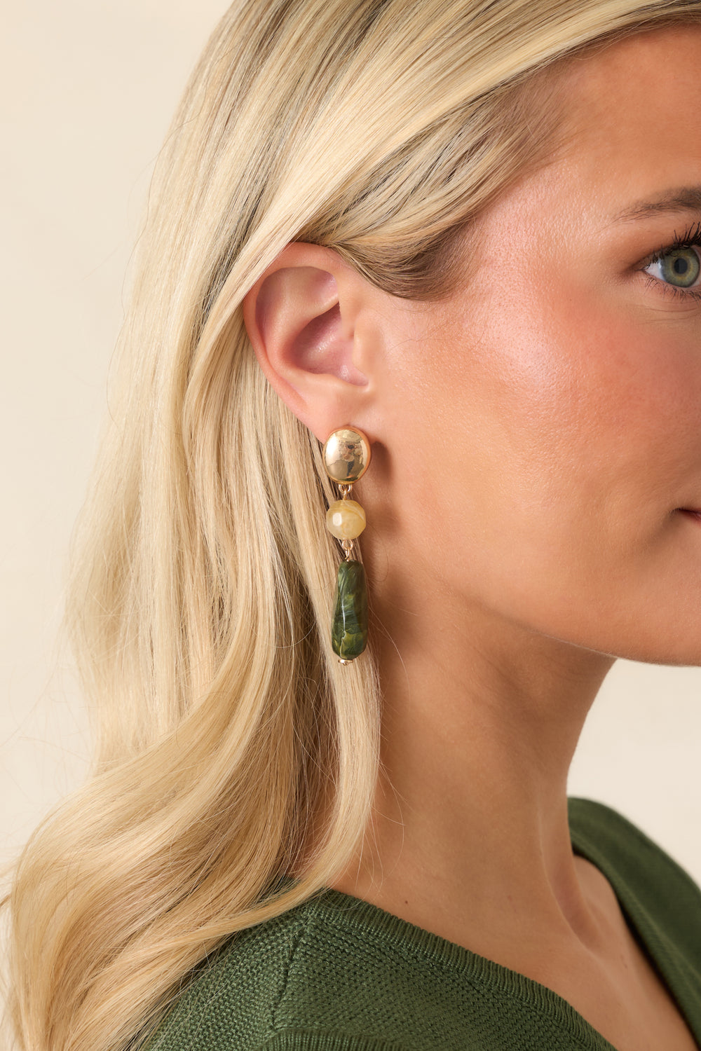 Gold-Honey-Green-Bead-Drop-Earrings