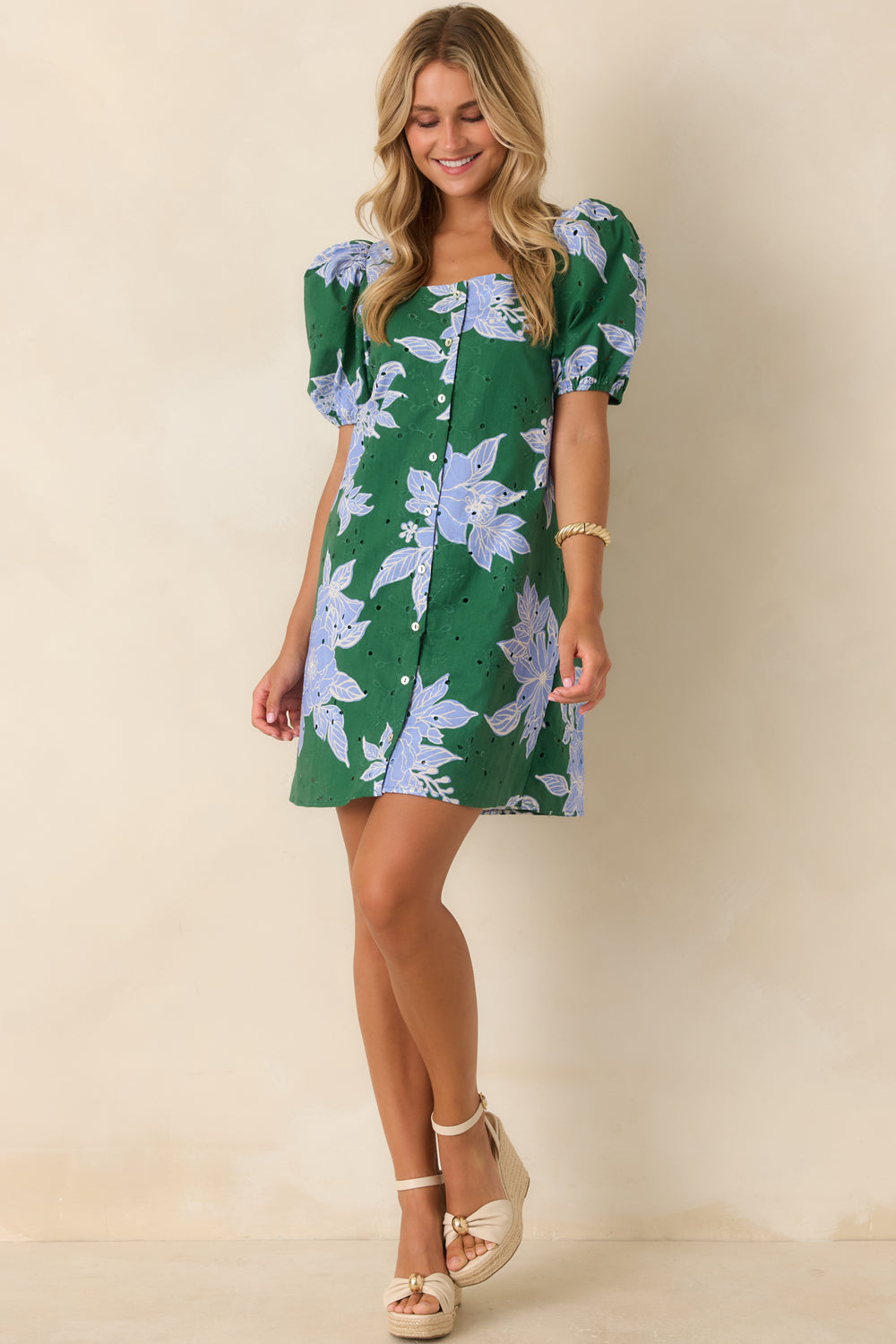 Green-Eyelet-Mini-Dress-Blue-Floral-Print
