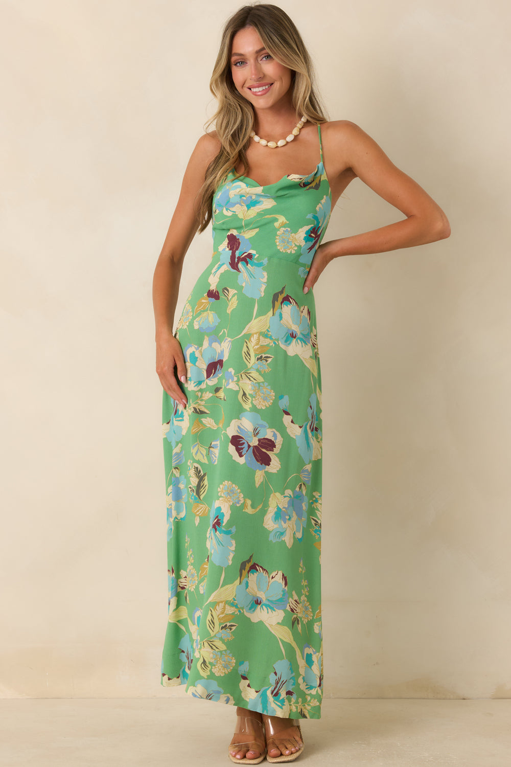 Green-Floral-Cowl-Neck-Maxi-Dress