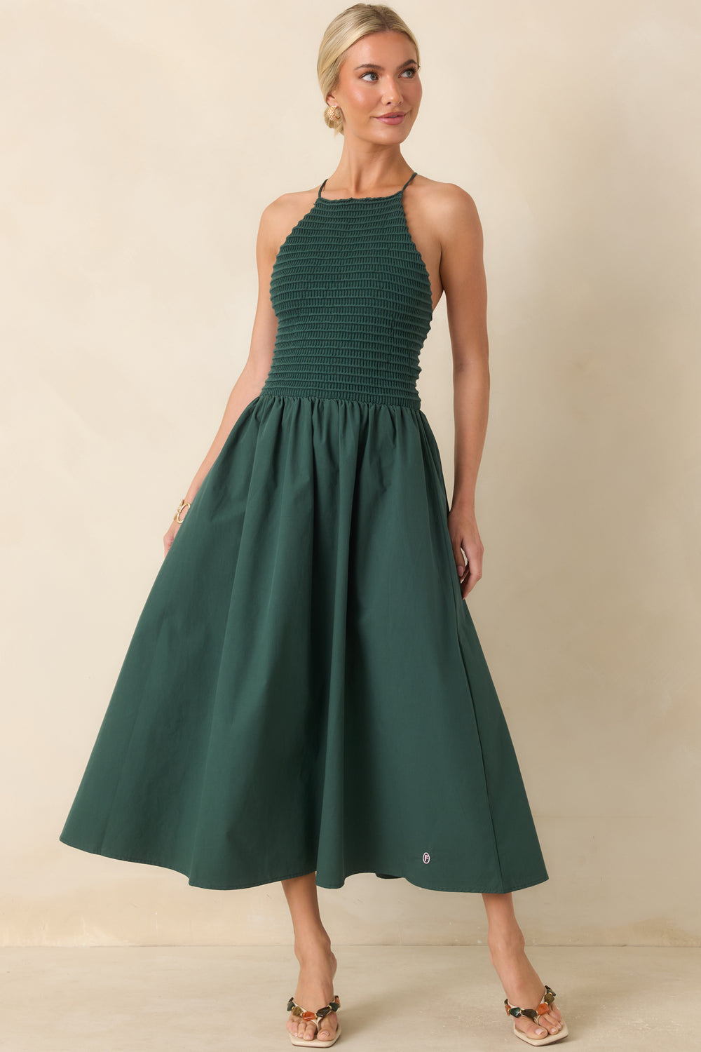 Green-Halter-Midi-Dress-Knit-Bodice-Graceful-Movement